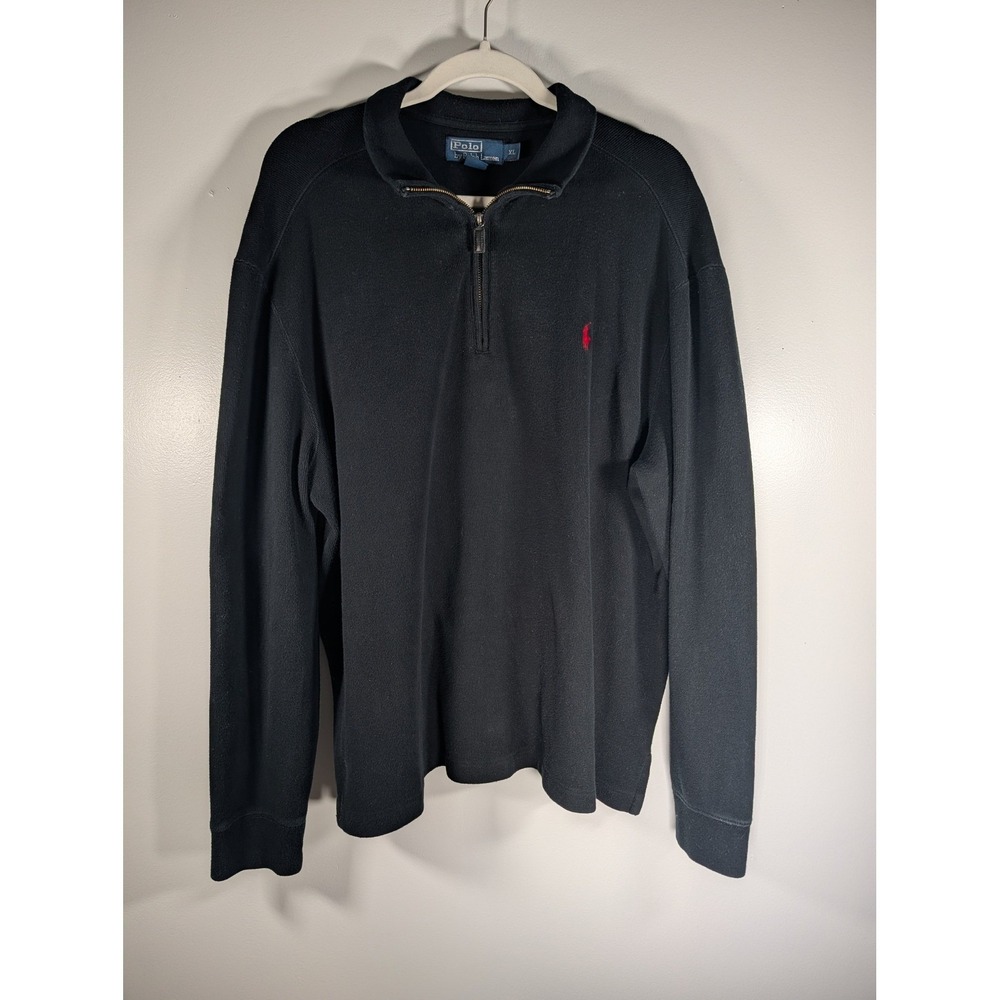 Polo Ralph Lauren Mens XL Black 100%Cotton Quarter Zip Pullover Sweater Red Pony